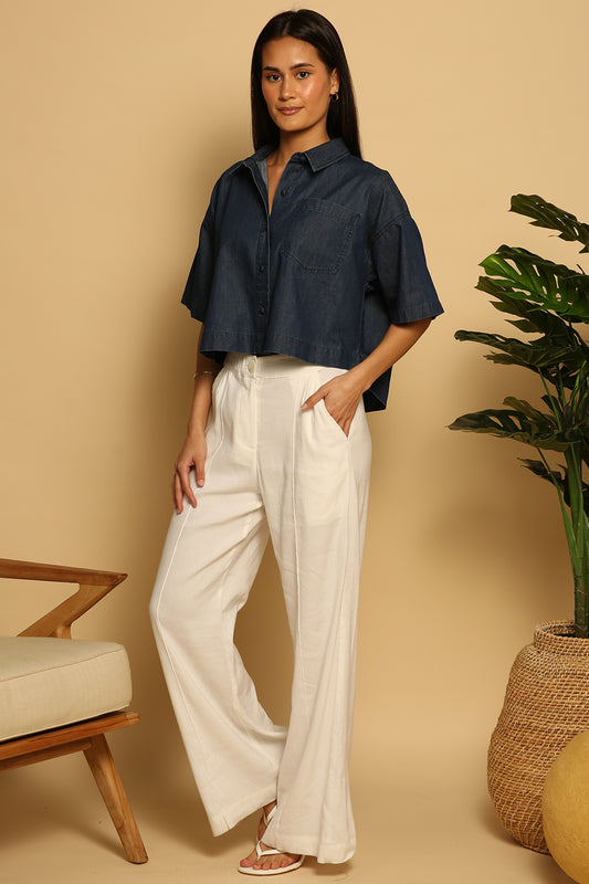 Casey Crop Button Up - Dark Denim