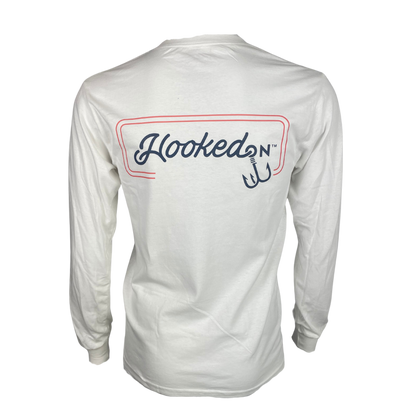 Hooked On Customizable Long Sleeve Tee White with Navy/Red